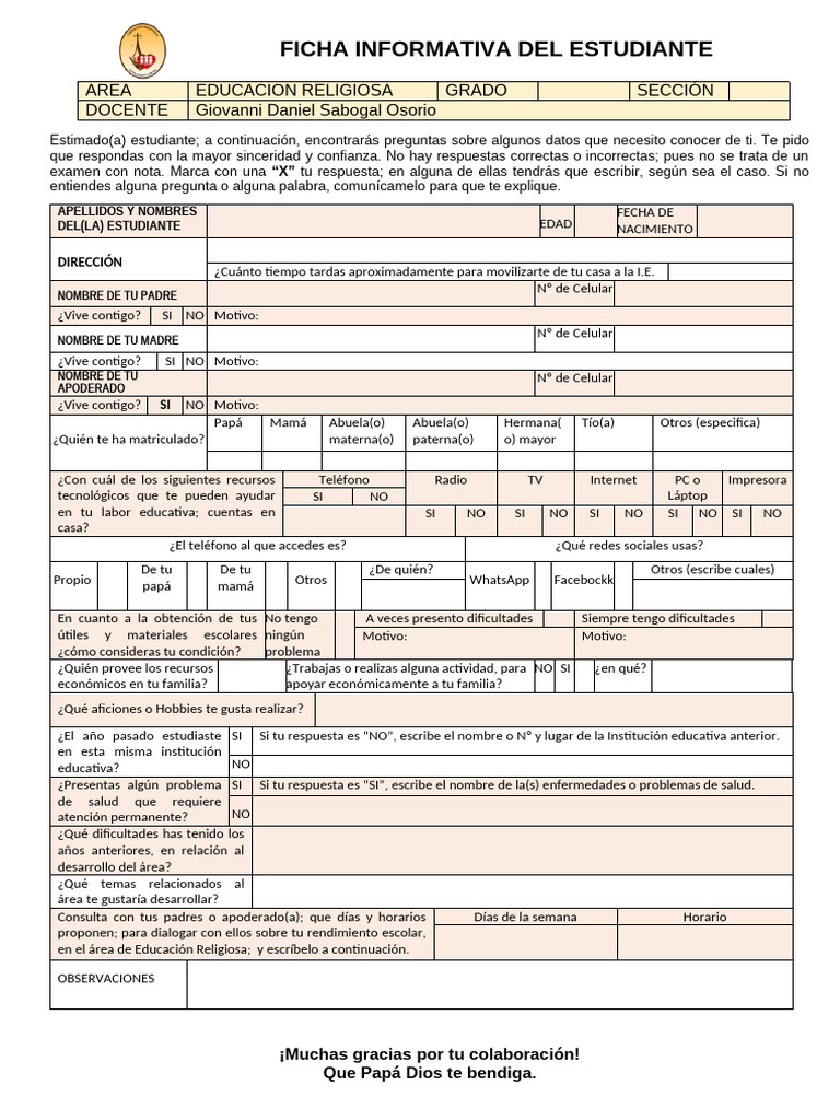 Ficha Informativa Estudiante | PDF