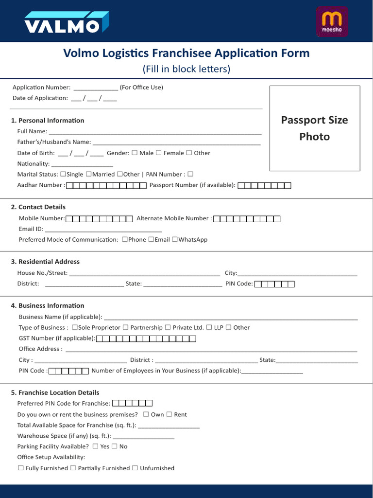 Valmo Application Form | PDF | Franchising | Business