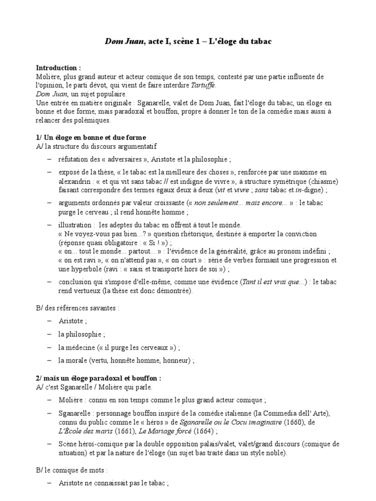 Dom Juan Acte 1 Scene 1 Tabac Plan Detaille  Comédie  Molière