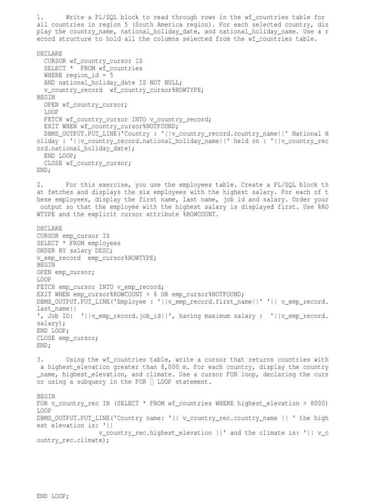 PL/SQL Cursors for Country Data Analysis | PDF | Pl/Sql | Sql