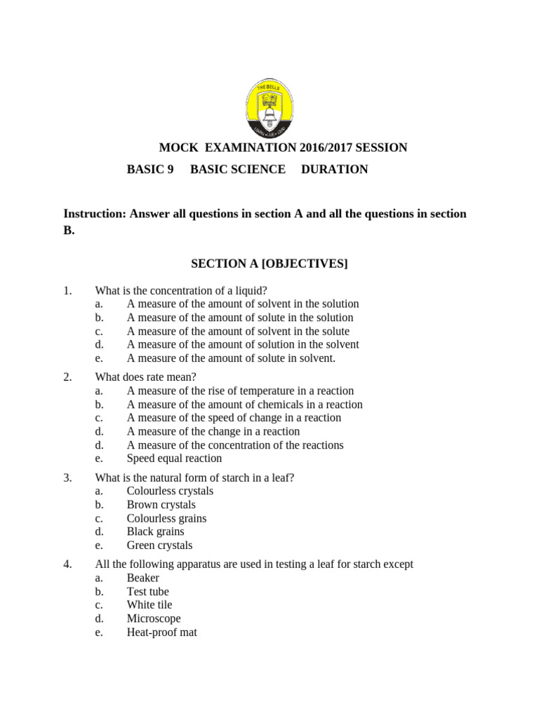 Basic Science Mock Exam 2016/2017 | PDF | Acid | Density