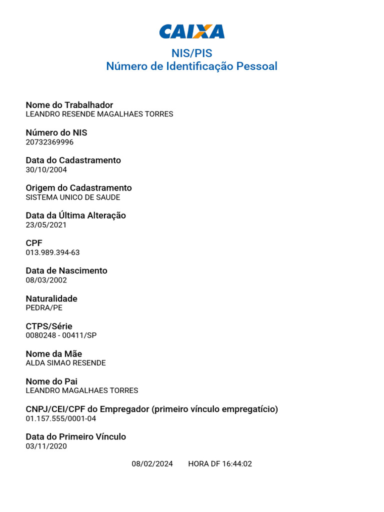 Dados do NIS/PIS de Leandro Torres | PDF