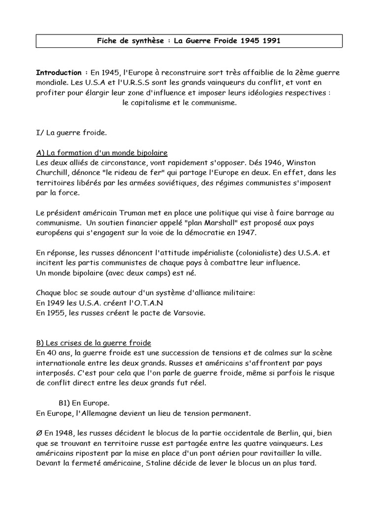 Synthèse sur la Guerre Froide 1945-1991 | PDF | Guerre froide | Communisme