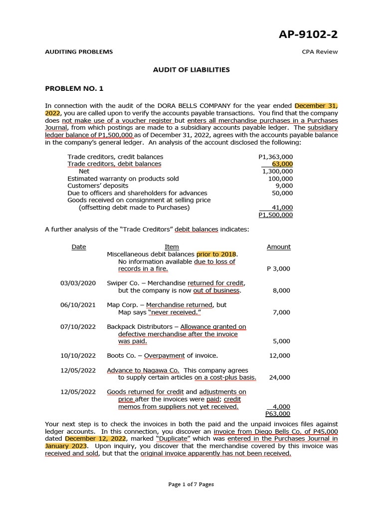 Auditing Liabilities: CPA Review Problems | PDF | Accounts Payable ...