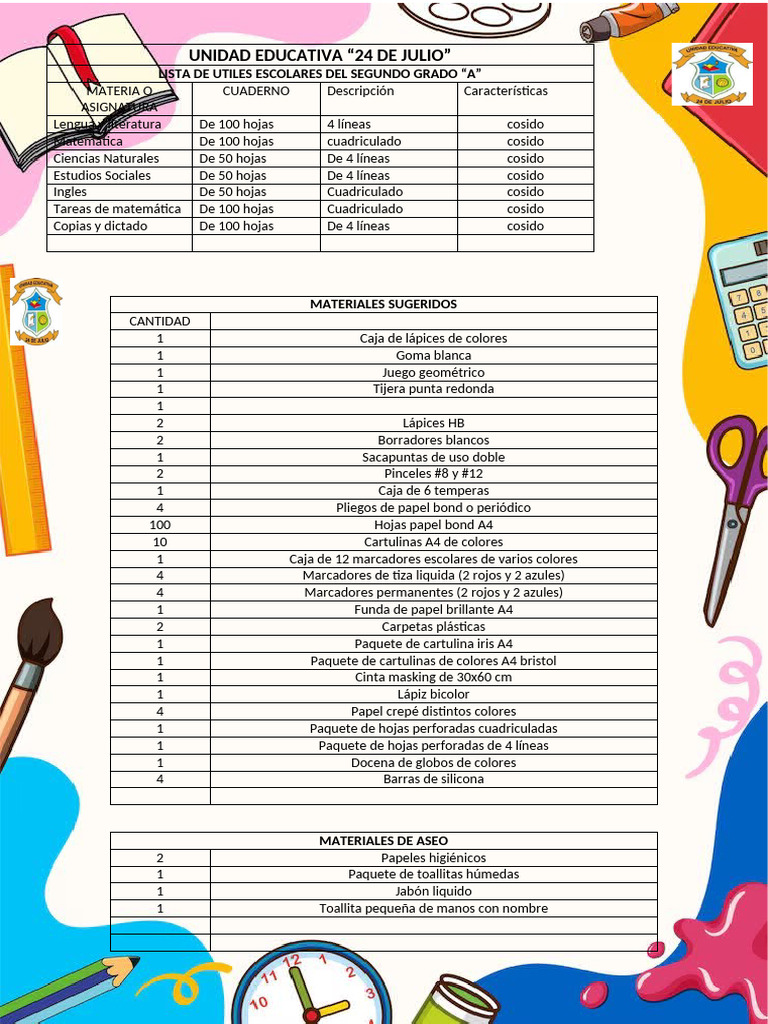 Lista de Útiles Escolares 2° Grado 2025 | PDF | Lápiz | Materiales de ...