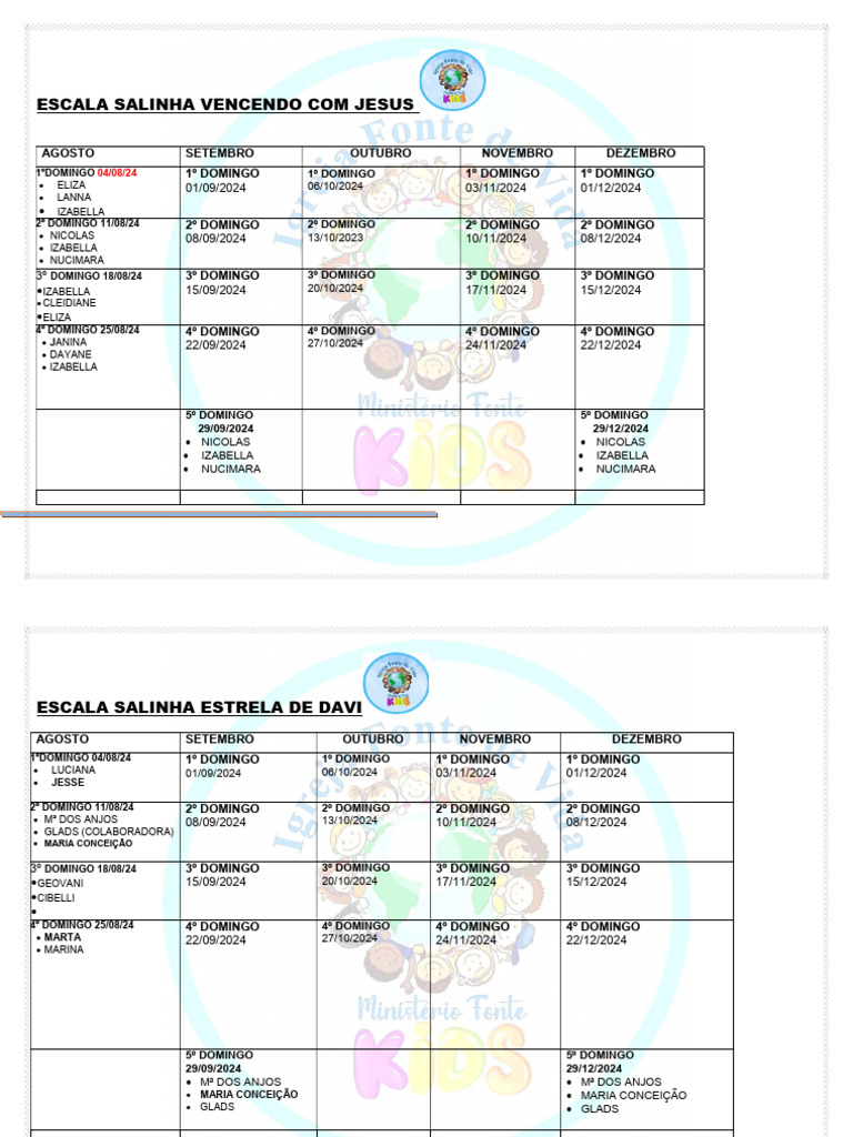 Escala de Atividades - Agosto 2024 | PDF | Personalidades do Novo ...