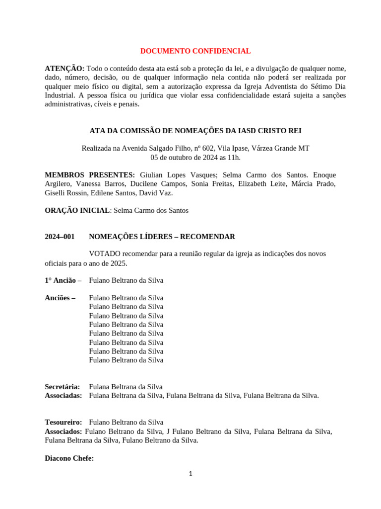 Ata da Comissão de Nomeações IASD 2024 | PDF | Ministério (departamento ...