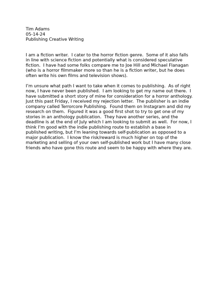Week One Publishing Creative Writing Assignment | PDF