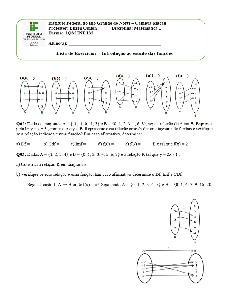Lista - Introdução Ao Estudo Das Funções | PDF | Função (Matemática ...