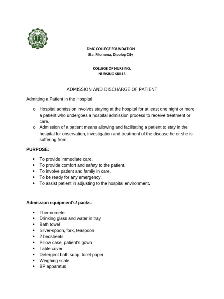 Patient Admission and Discharge Procedures | PDF | Patient | Hospital
