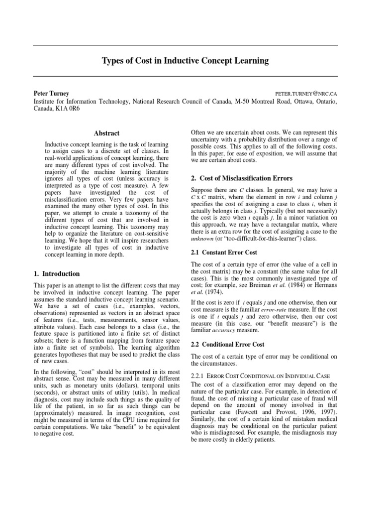 Types of Cost in Inductive Concept Learning Peter Turney PDF