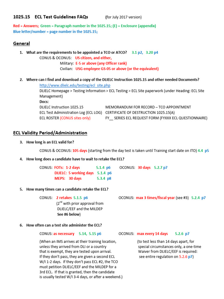 ECL Test Guidelines FAQs Summary | PDF