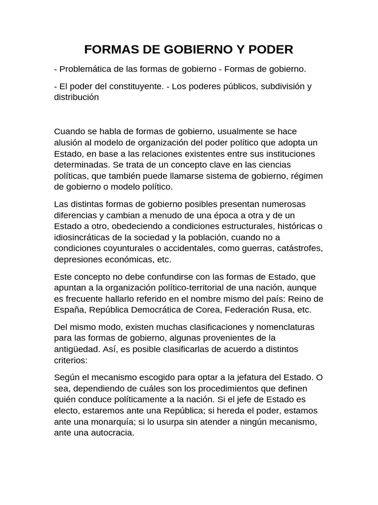 Formas de Gobierno y Poder Político | PDF | Monarquía | Gobierno