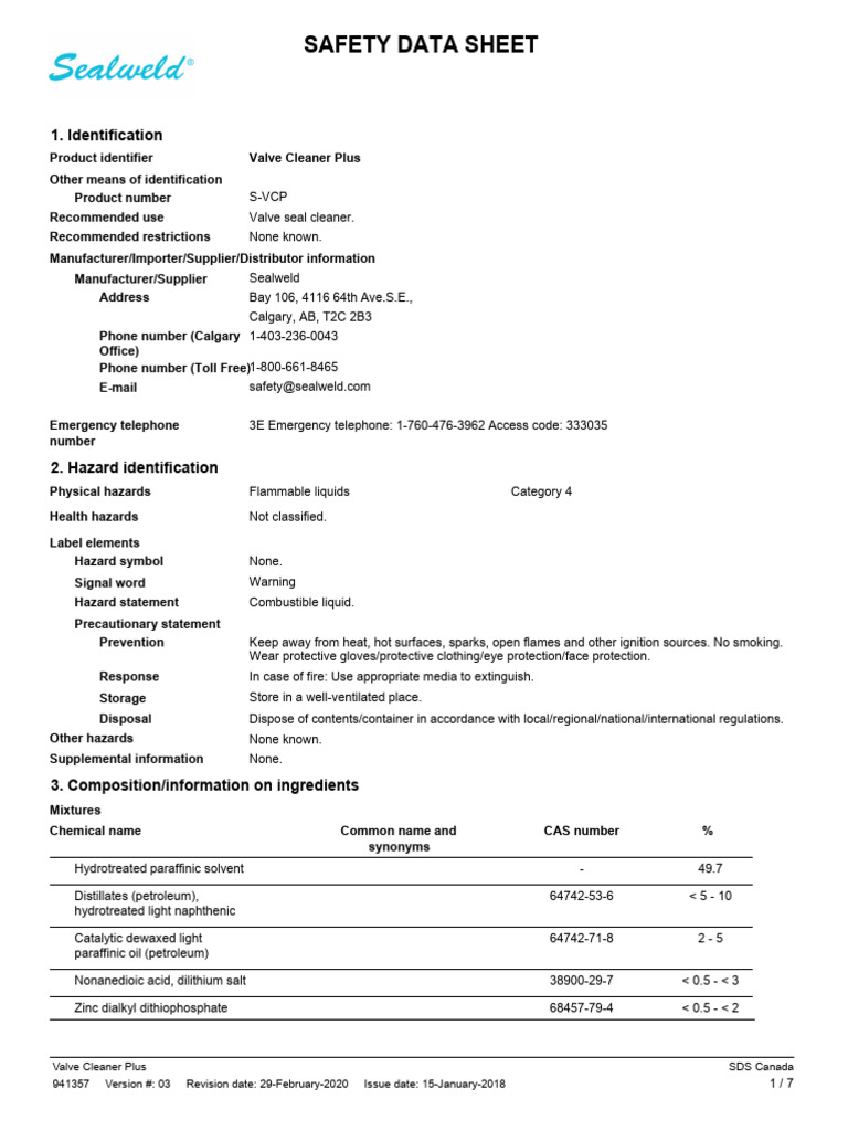 Valve Cleaner Plus Safety Data Sheet | PDF | Toxicity | Dangerous Goods