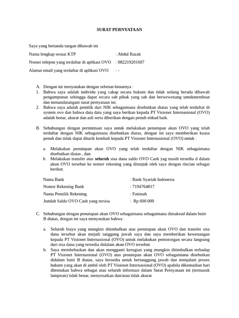 Surat Pernyataan Ovo | PDF