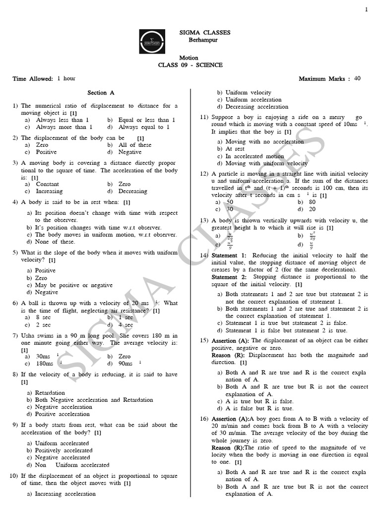 Class 9 Science Motion Questions | PDF | Acceleration | Velocity