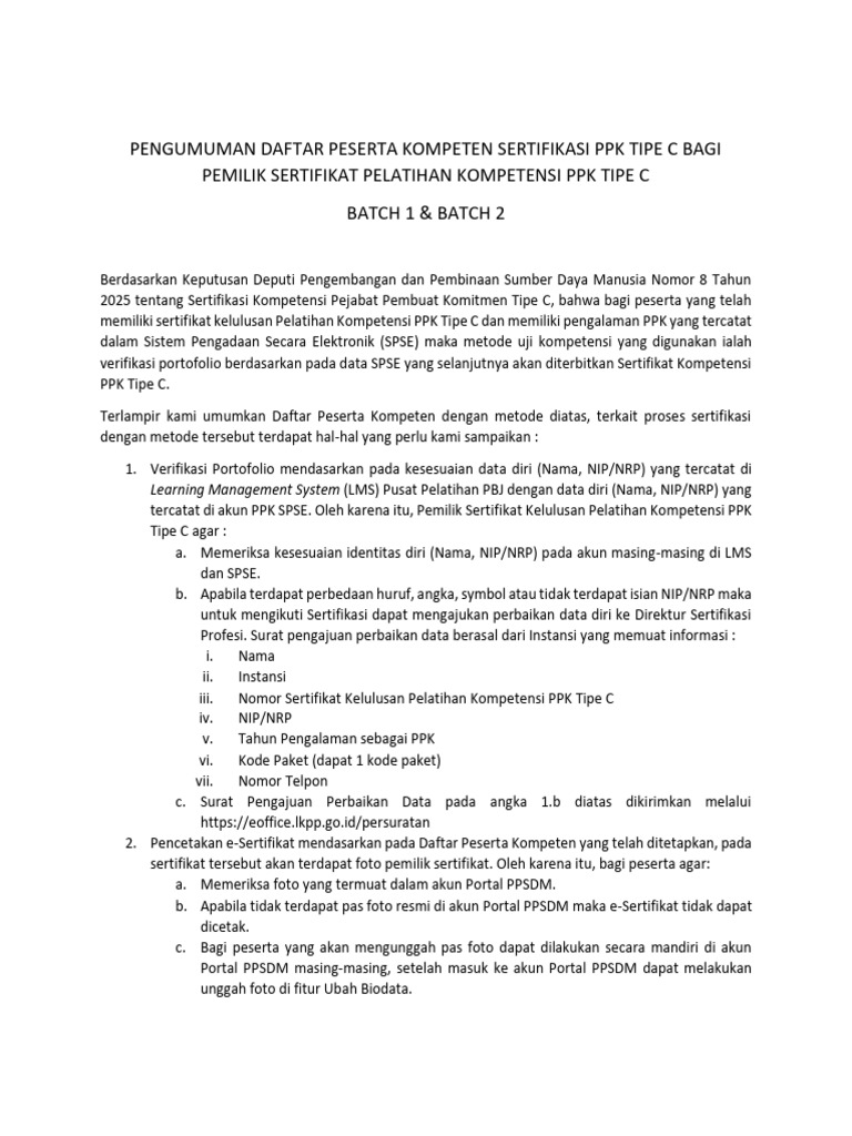 Pengumuman Sertifikasi PPK Tipe C | PDF