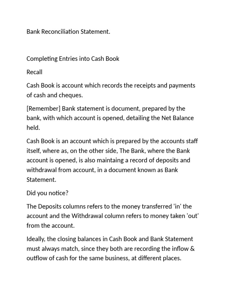 Bank Reconciliation Statement | PDF | Banks | Cheque