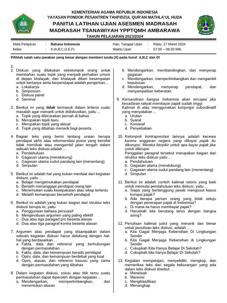 Ujian Bahasa Indonesia Kelas 9 MTs 2024 | PDF