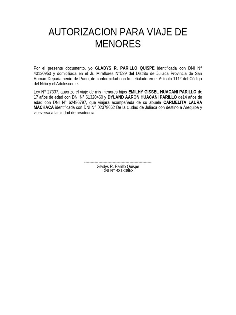 Autorizacion para Viaje de Menores | PDF