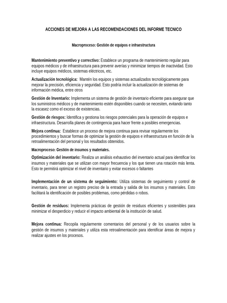 Acciones de Mejora A Las Recomendaciones Del Informe Tecnico | PDF ...