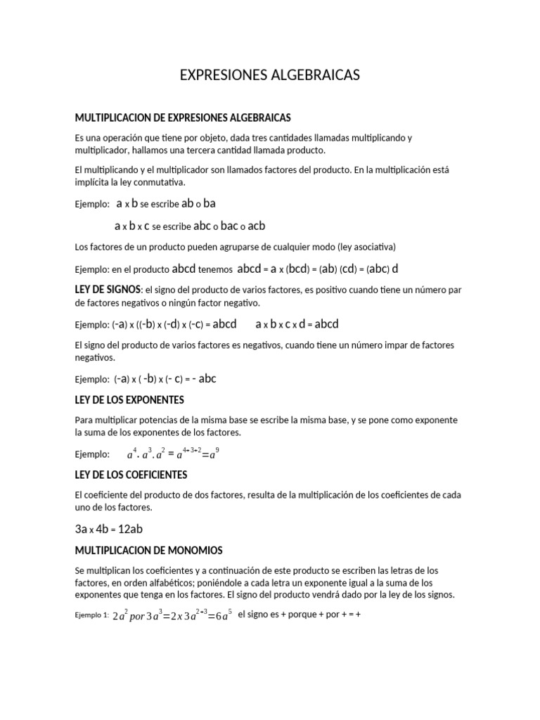 Guia # 7 Expresiones Algebraicas Multiplicacion y Division de ...