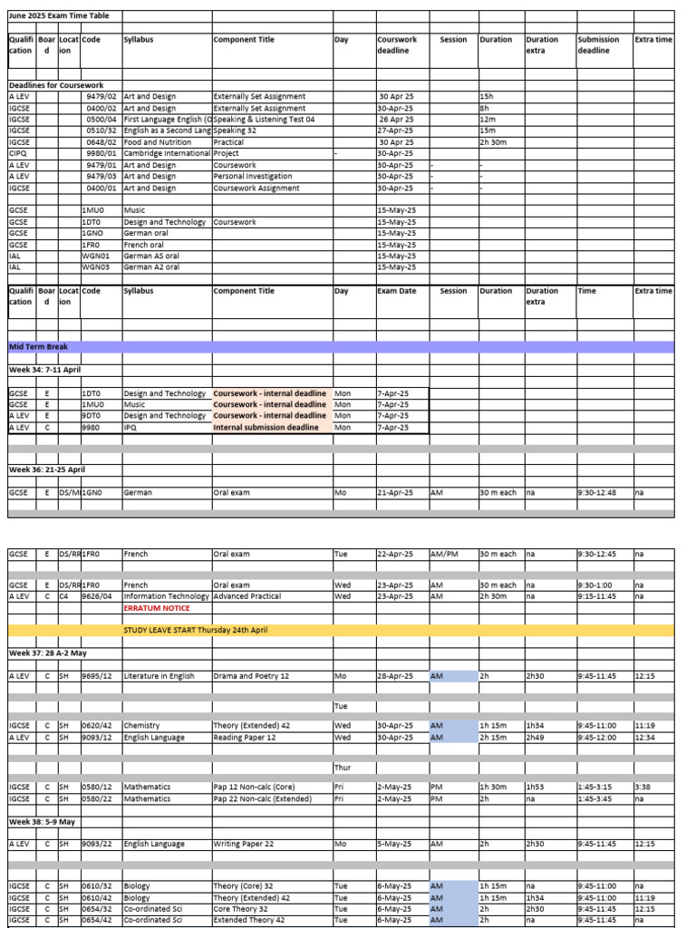 Time Table June25 Draft 7 Student | PDF | Science | Qualifications