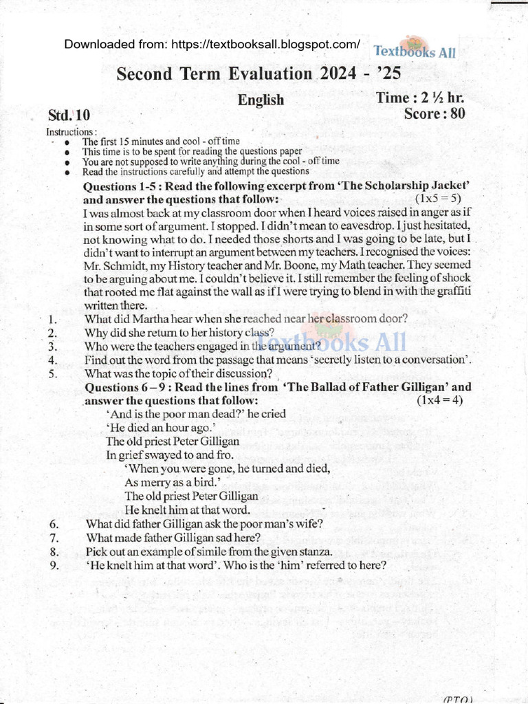 Second Term Evaluation STD 10 English-model-qp2024@Textbooks All | PDF