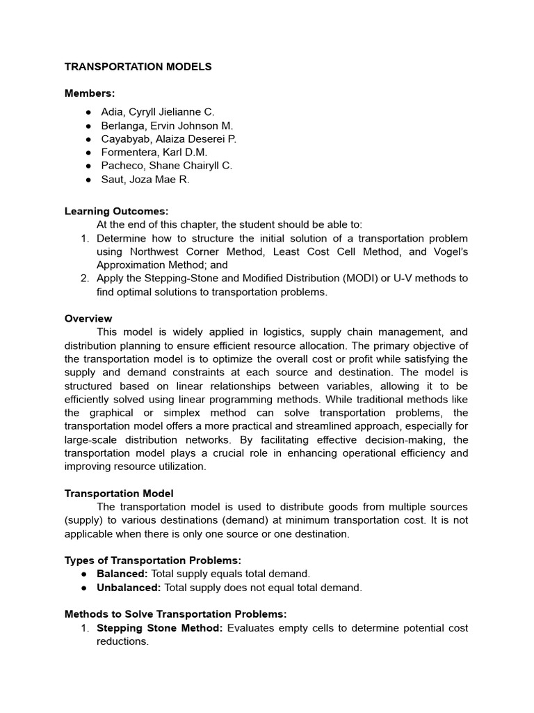 Transportation Model Management Science | PDF | Formula | Linear ...