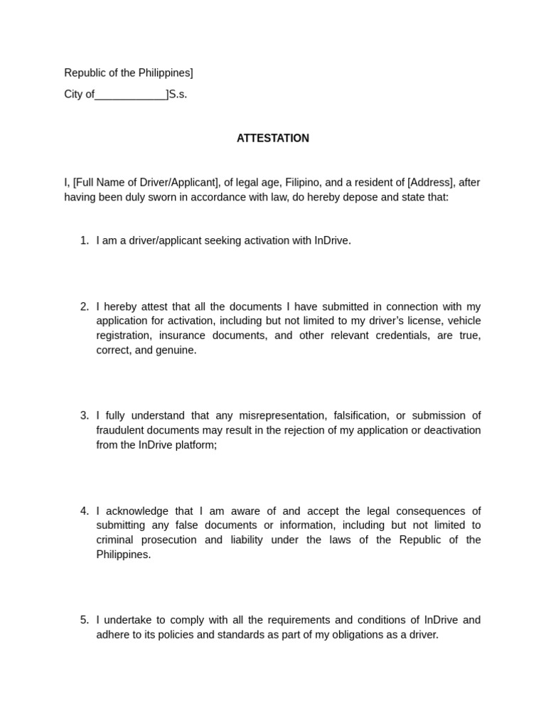 InDrive Driver Attestation Form | PDF