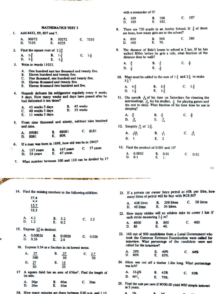 Maths Test 3 &4 National Common Entrance | PDF | Mathematics | Numbers