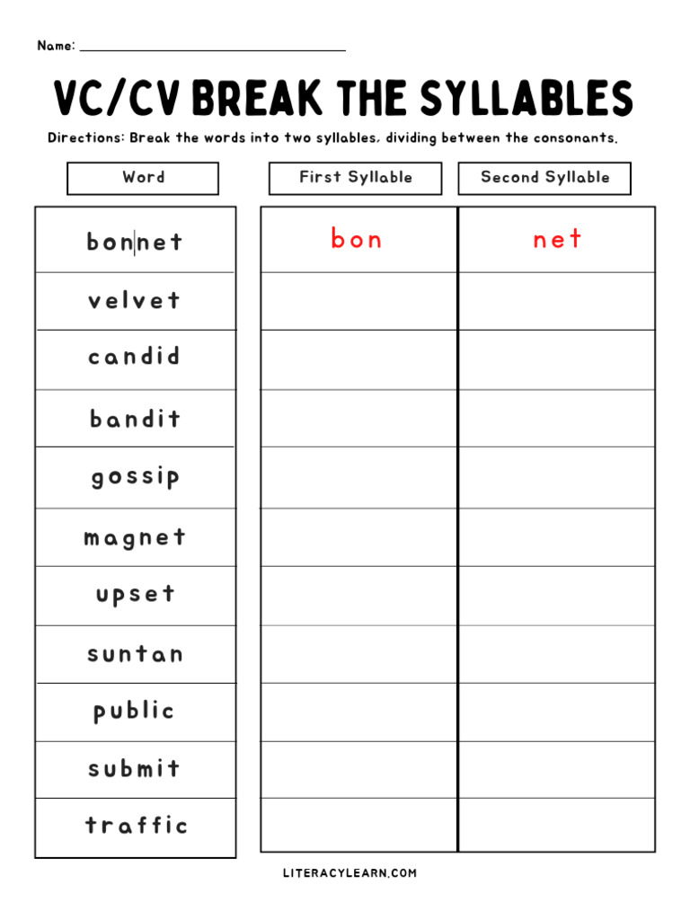 VCCV Syllable Division Worksheet | PDF