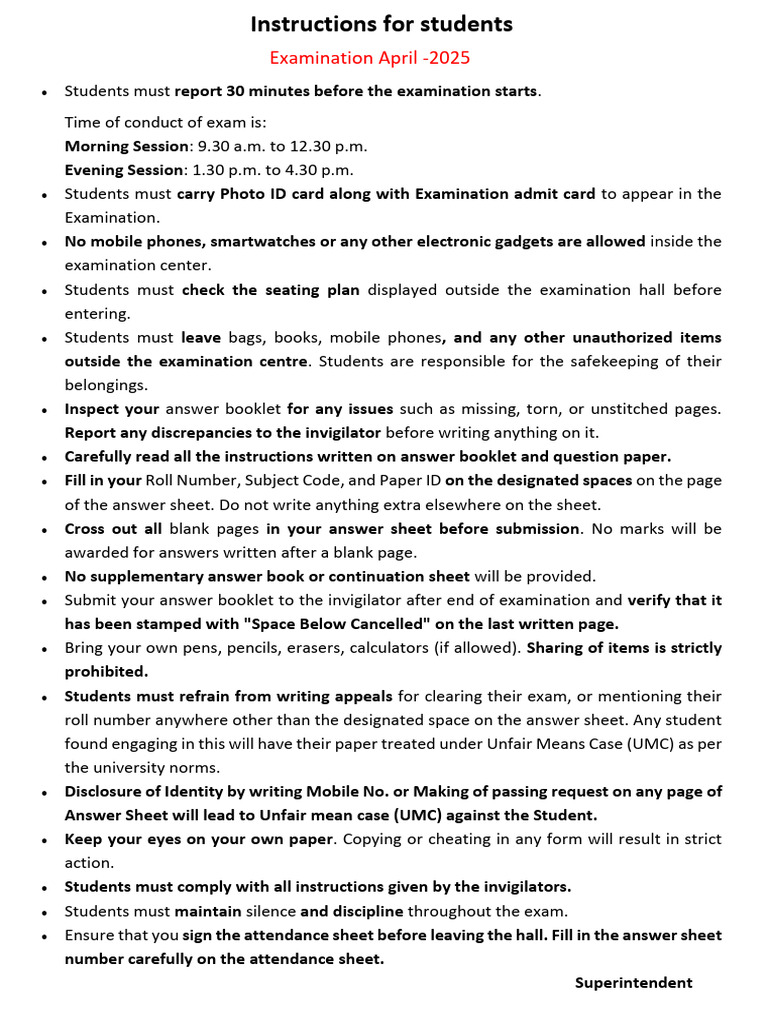 Instructions For Students Examination April 2025 | PDF