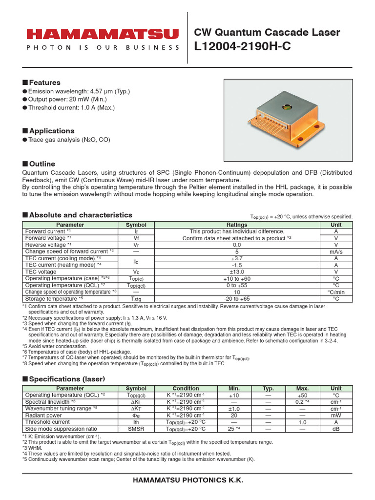 CW Quantum Cascade Laser: Features | PDF | Laser | Optics