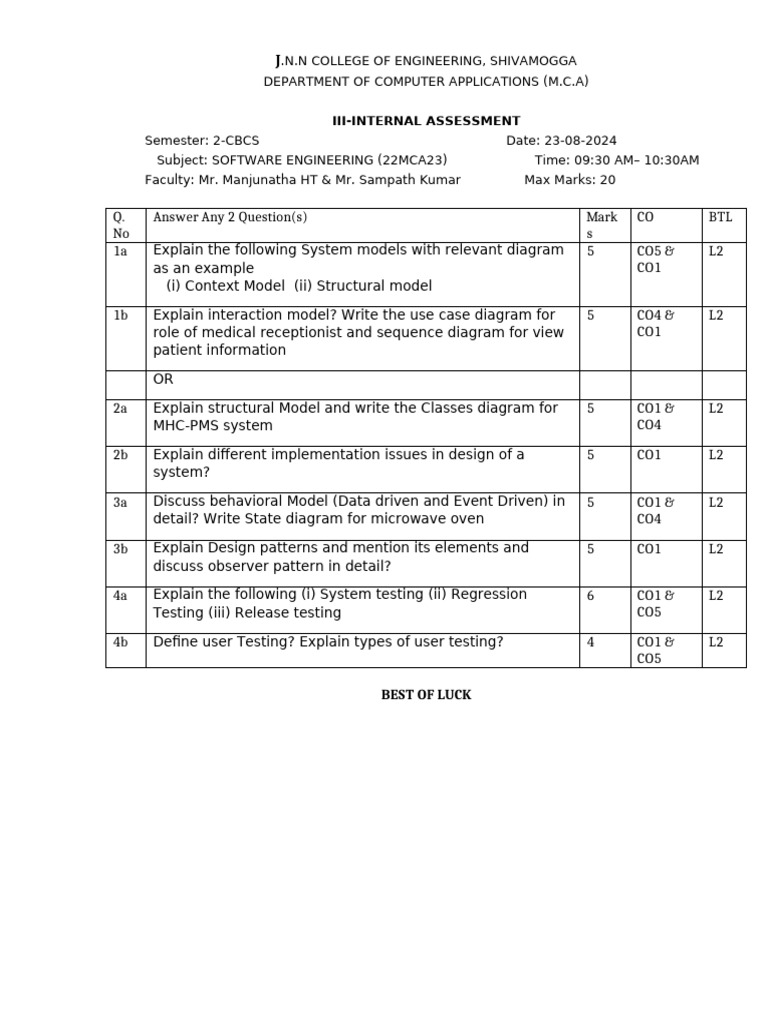 Software Engineering Assessment Questions | PDF