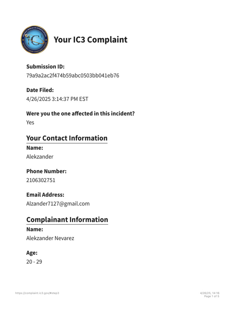 IC3 Complaint: Online Extortion Case | PDF | Title 18 Of The United ...