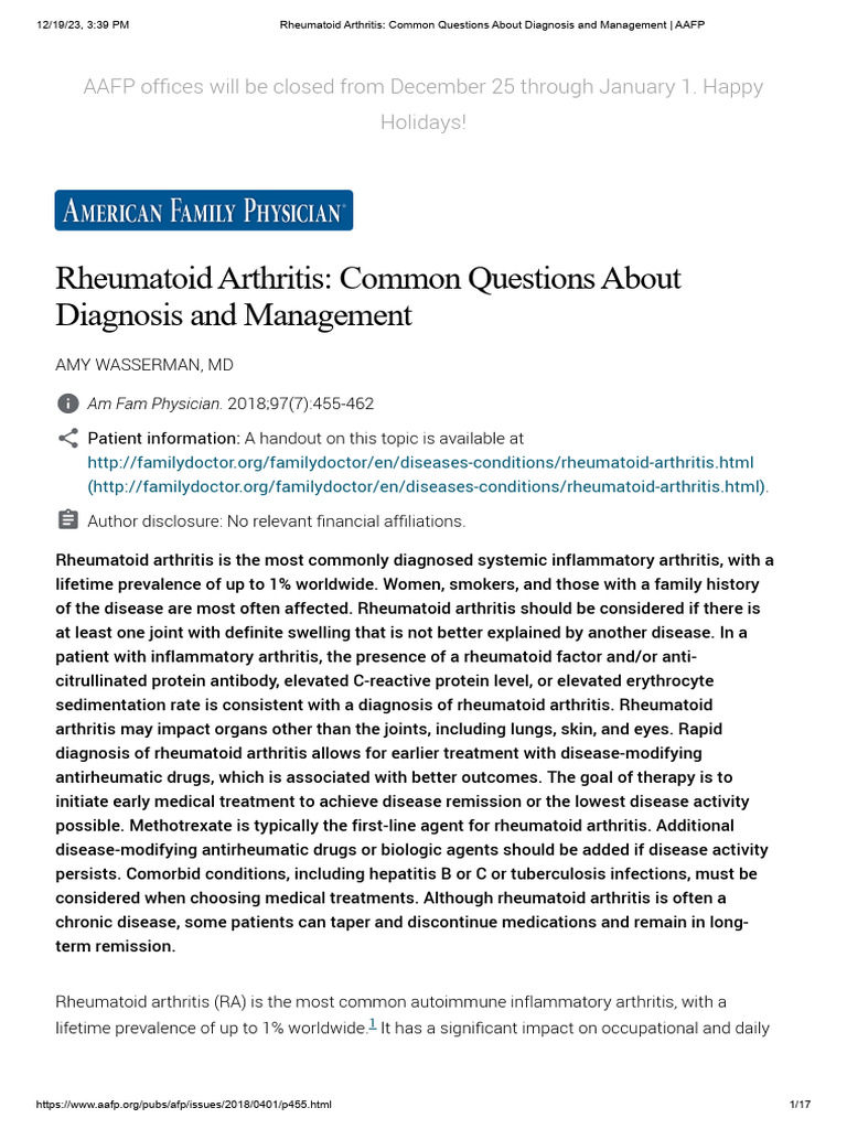 RA Diagnosis and Management Insights | PDF | Rheumatoid Arthritis ...
