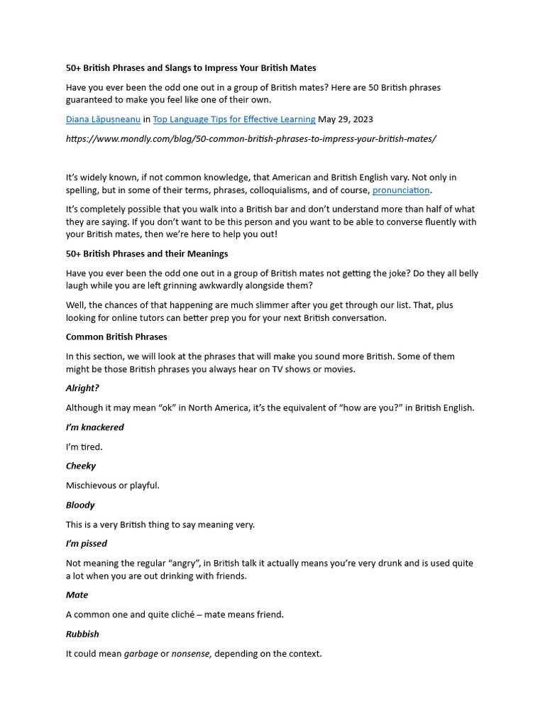 British Slang and Phrases Guide | PDF | English Language | Scots Language