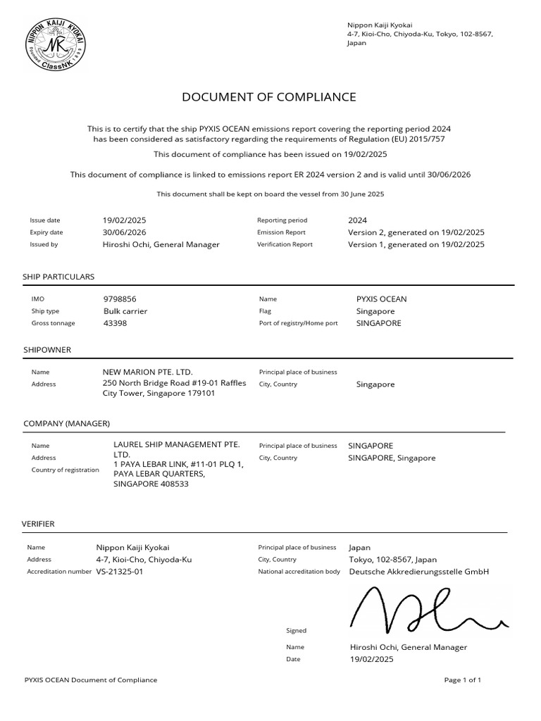 PYXIS OCEAN Compliance Document 2024 | PDF | Shipping | Water Transport