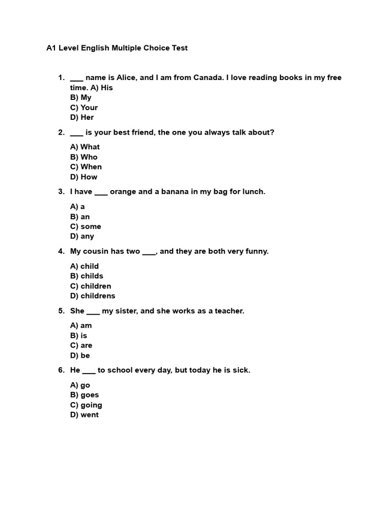 A1 English Multiple Choice Test | PDF