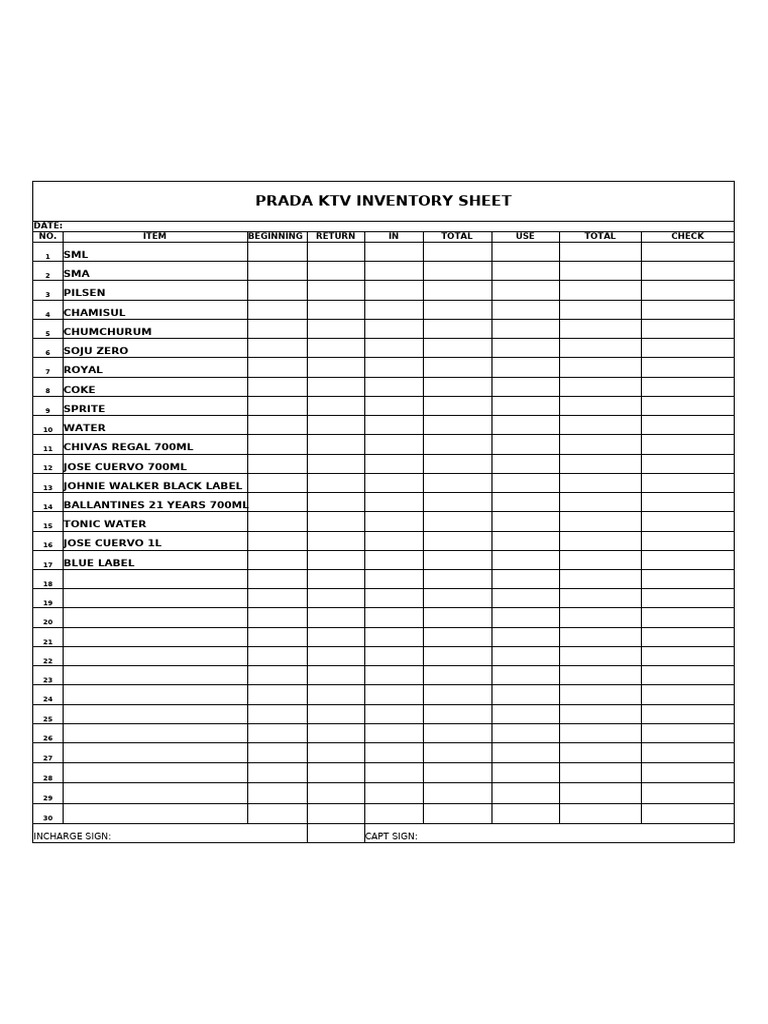 Bar Inventory Format Sheet | PDF