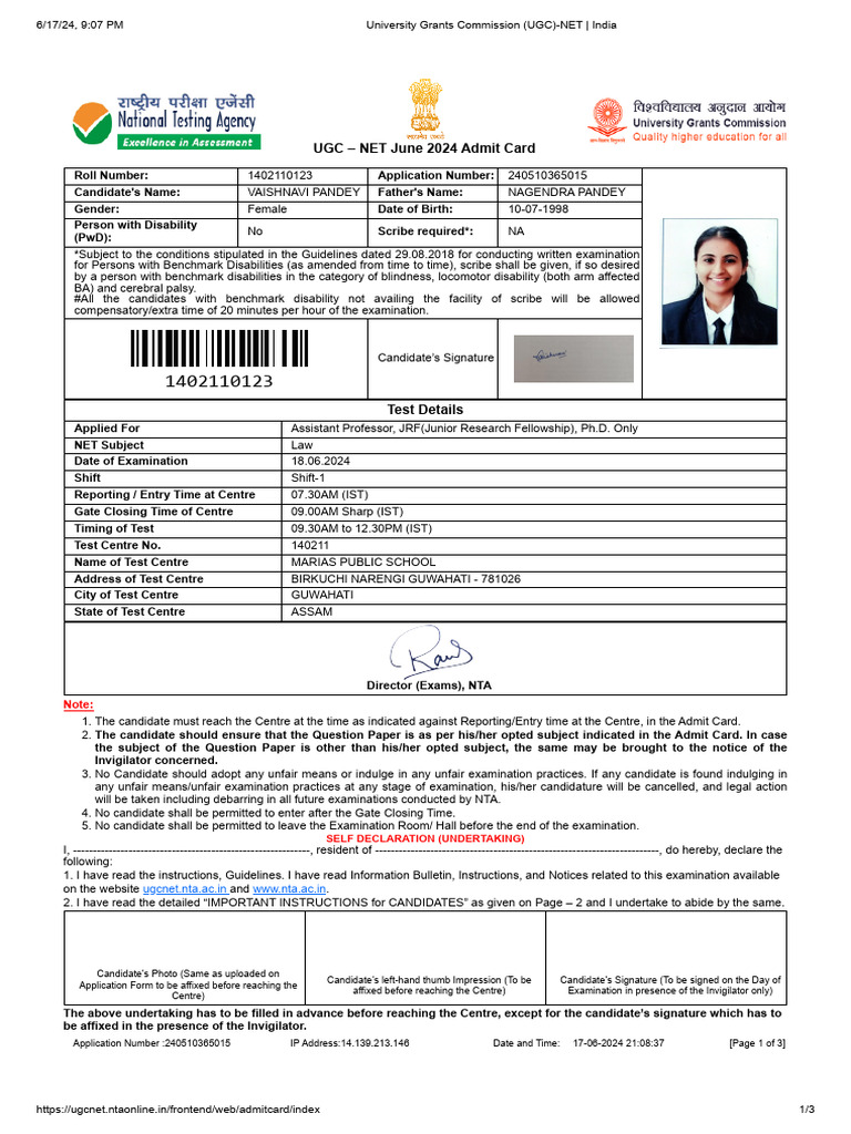 UGC NET June 2024 Admit Card Details | PDF | Identity Document