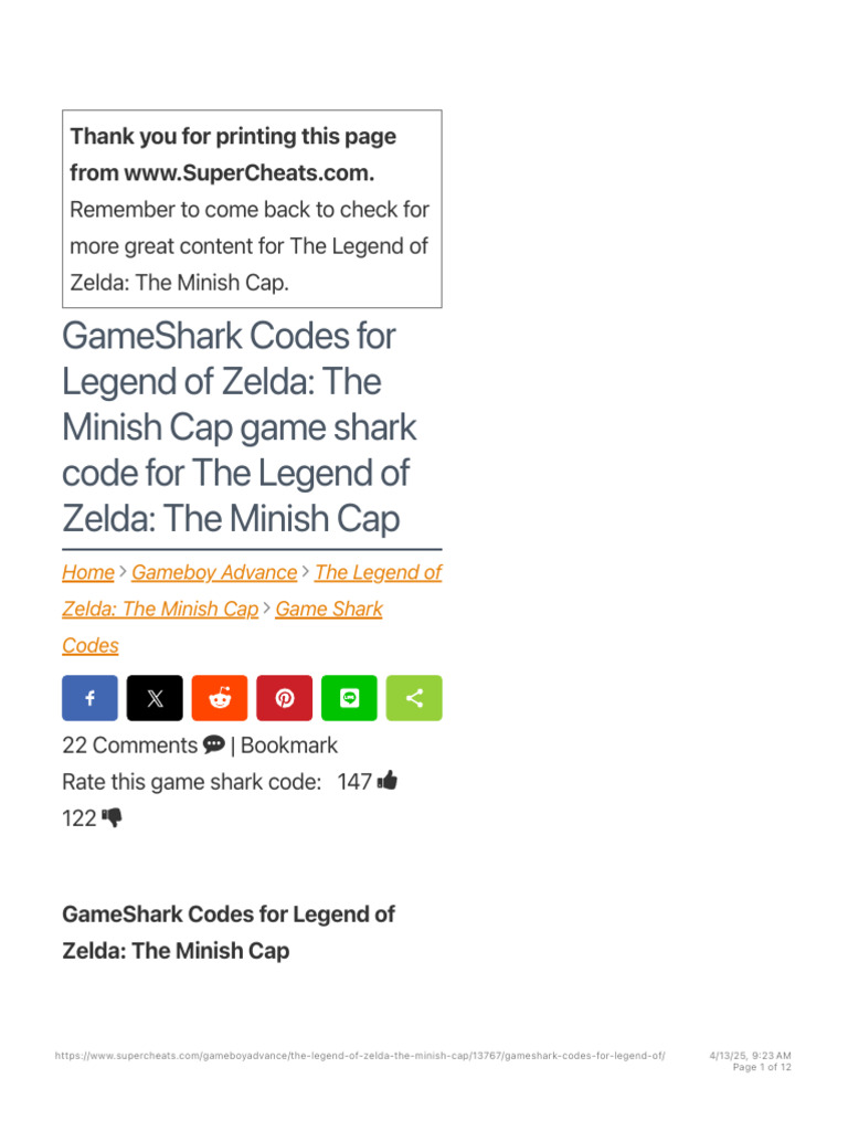 Minish Cap GameShark Cheat Codes | PDF | Video Game Publishers | Video ...