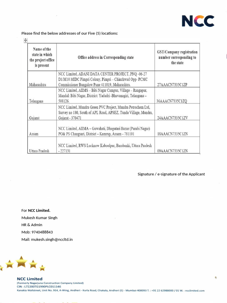 NCC Limited Offer Letter Details | PDF