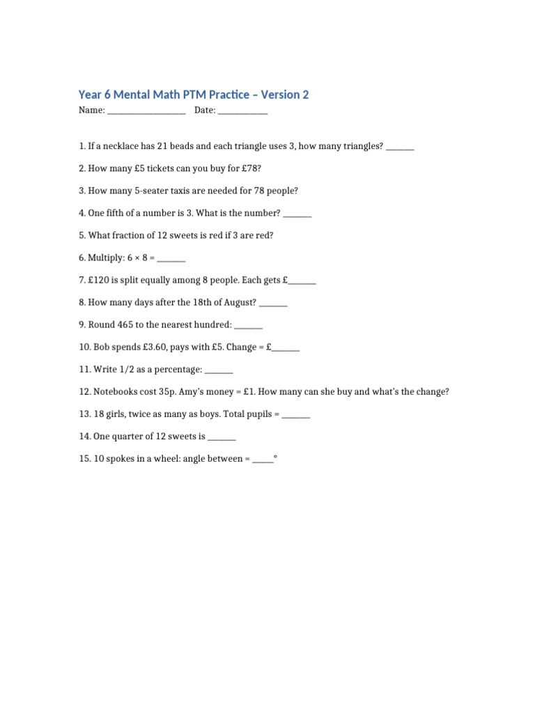 Year 6 Mental Math Practice Test | PDF