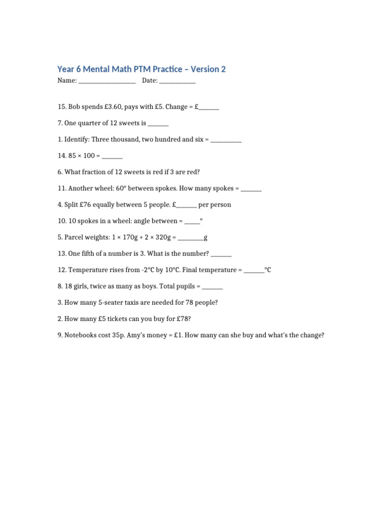 Year6 Mental Math Practice Version 2 | PDF