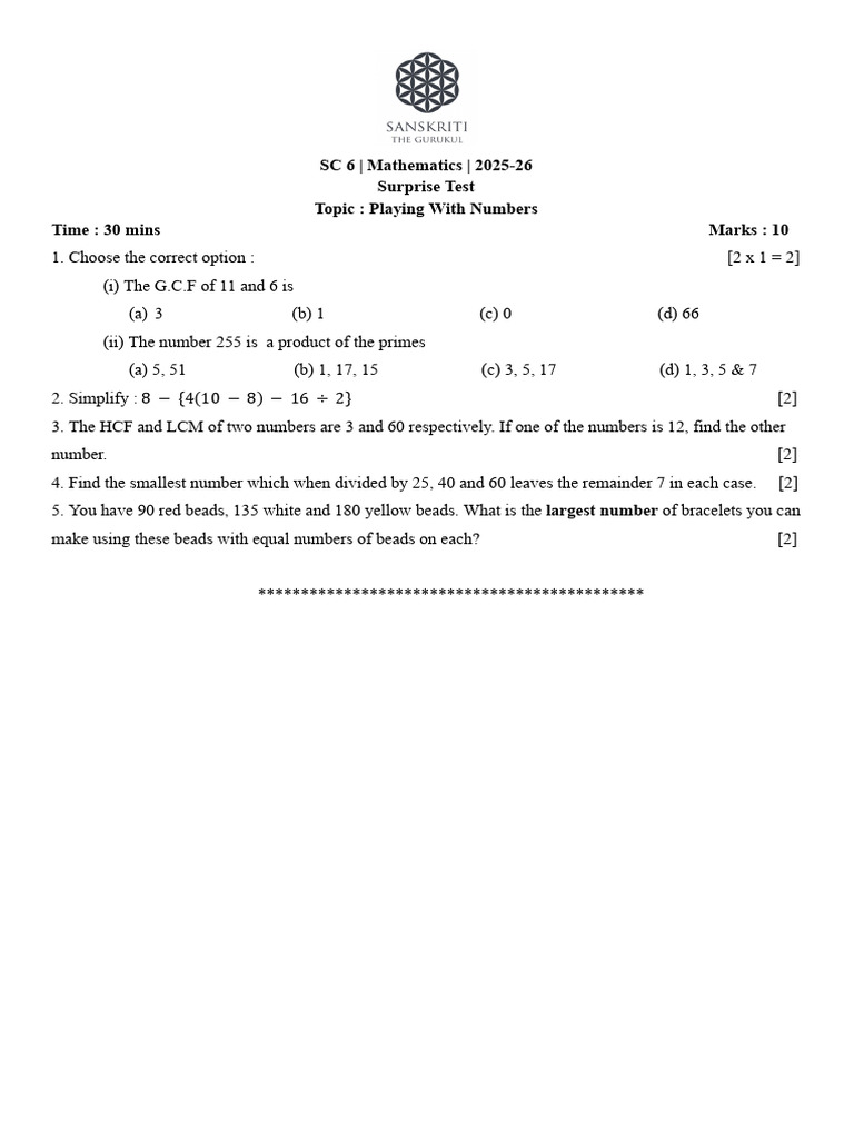 Surprise Test on Playing With Numbers | PDF