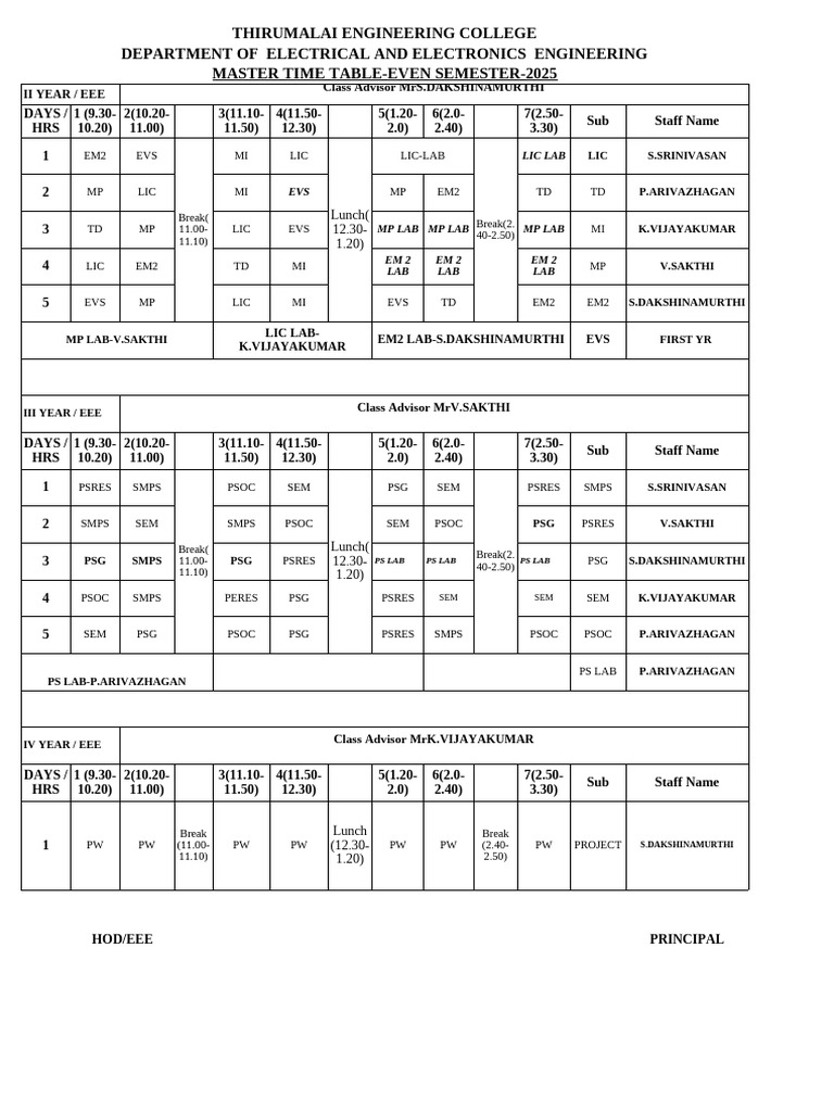 EEE Even Semester Time Table 2025 | PDF | Electrical Engineering ...