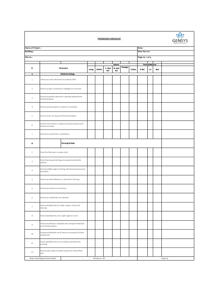 Flat Possession Quality Checklist | PDF | Tap (Valve) | Leak