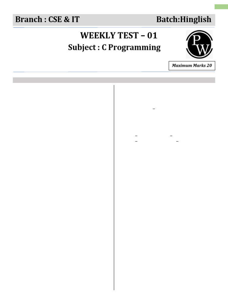 C Programming Weekly Test 01 | PDF | Integer (Computer Science ...